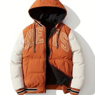 Men's Stylish Pattern Puffer Jacket Coat Casual Breathable Zip up Long Sleeve Warm Hooded Top  Winter Outdoor Activities